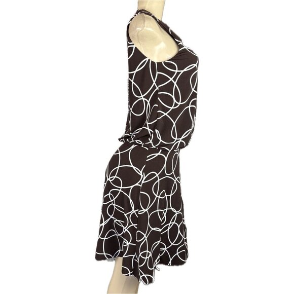 London Times 6 Brown/White Swirl Drop Elastic Waist Above Knee Sleeveless Dress - Picture 3 of 6